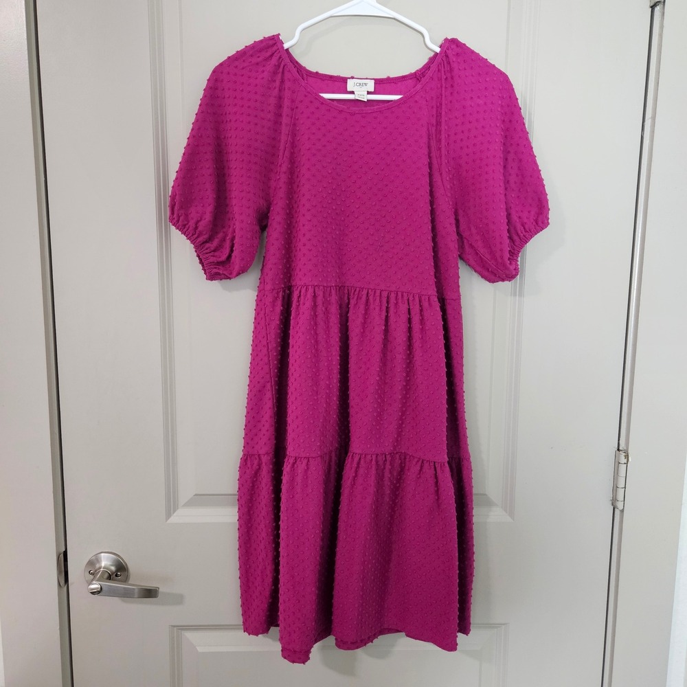 J.Crew Womens XXS Pink Clipped Dot Tiered Puff Sleeve Mini Dress Berry
